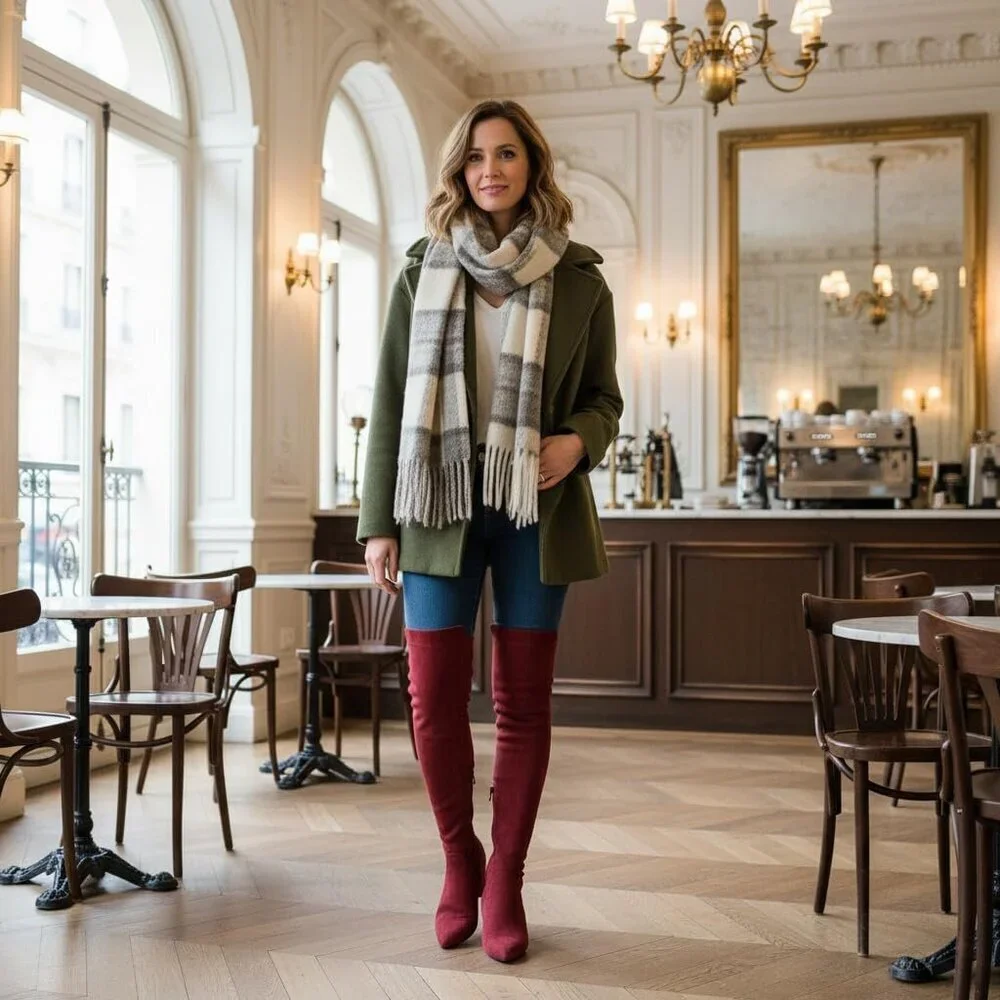 Women's Red Suede High Thigh Low Block Stylish Over-the-Knee Heel Boot